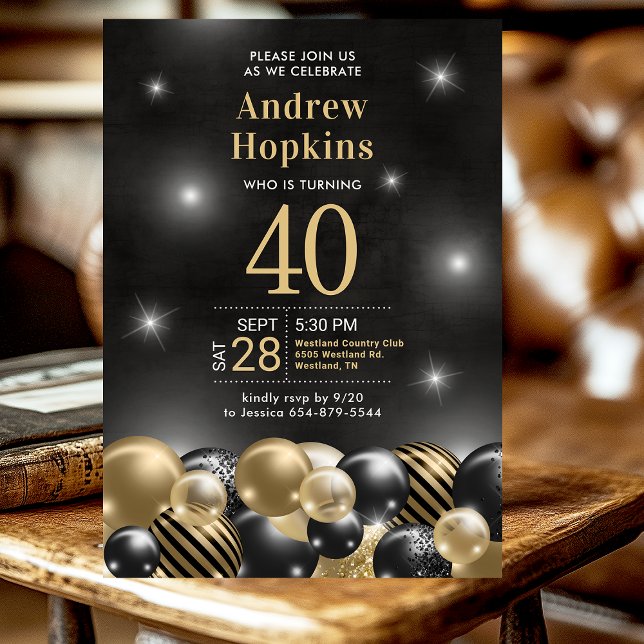 Invitation 40e Anniversaire de la fête Black Gold Ballons (Créateur téléchargé)