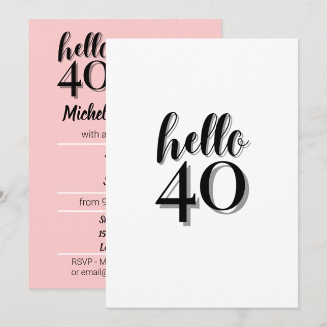 Invitation 40e anniversaire de la fête moderne rose et noir (Devant / Derrière)