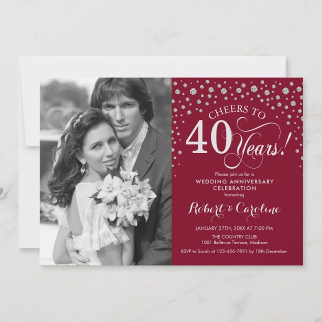 Invitation 40e anniversaire de mariage avec photo - Rouge Arg (Devant)