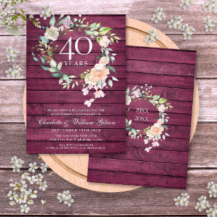 Invitation 40e anniversaire de mariage Bois Rouge Rubis Flora