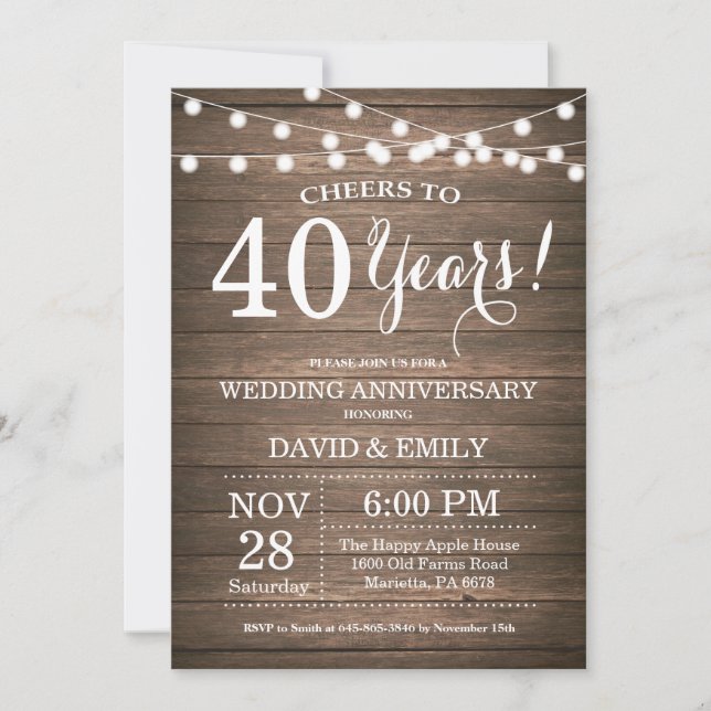 Invitation 40e anniversaire de mariage Bois rustiq (Devant)