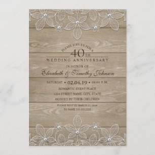 Invitation 40e Anniversaire de Mariage Bois Rustique Dentelle