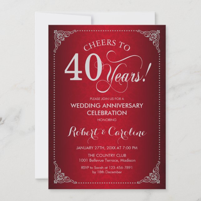 Invitation 40e anniversaire de mariage - Damask argent rouge (Devant)