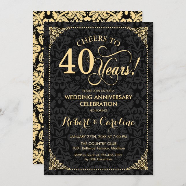 Invitation 40e anniversaire de mariage - Damask noir or (Devant / Derrière)