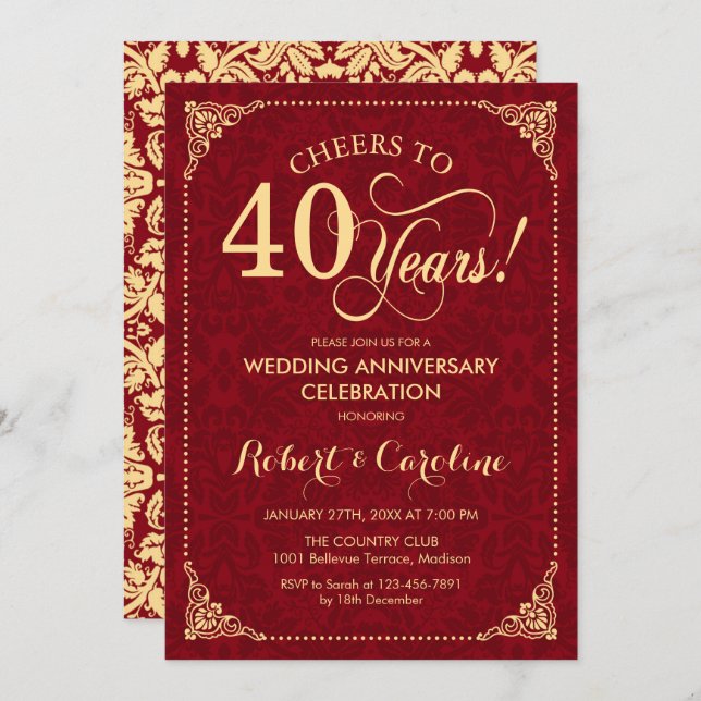 Invitation 40e anniversaire de mariage - Damask or rubis roug (Devant / Derrière)