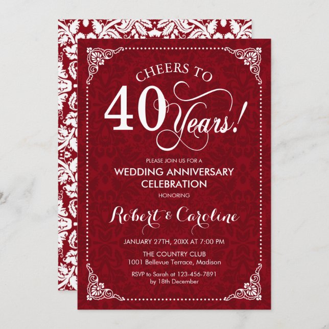 Invitation 40e anniversaire de mariage - Damask rouge blanc (Devant / Derrière)