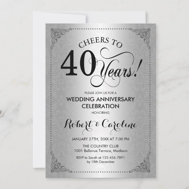 Invitation 40e anniversaire de mariage - Damassé noir argenté (Devant)