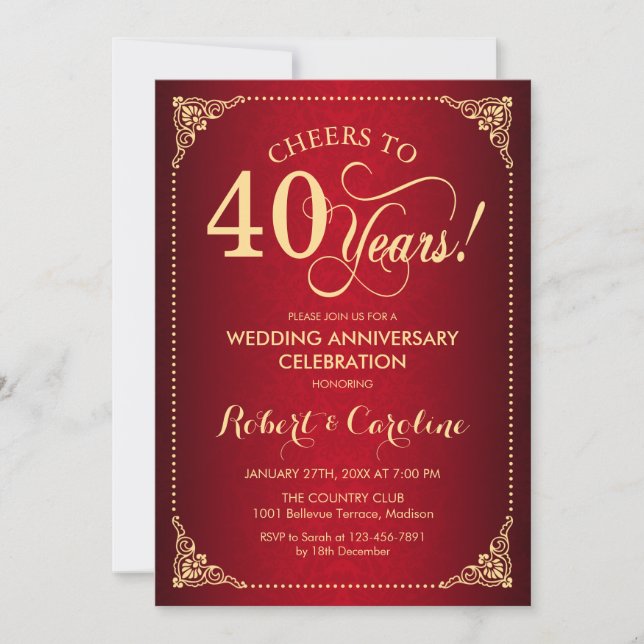 Invitation 40e anniversaire de mariage - Damassé rouge or (Devant)