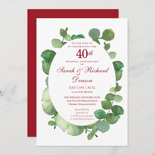 Invitation 40e anniversaire de mariage de rubis Eucalyptus ve (Devant / Derrière)