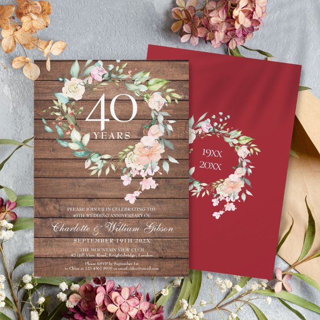 Invitation 40e anniversaire de mariage en bois rustique flora (40th Ruby Wedding Anniversary Rustic Wood Floral Invitation)