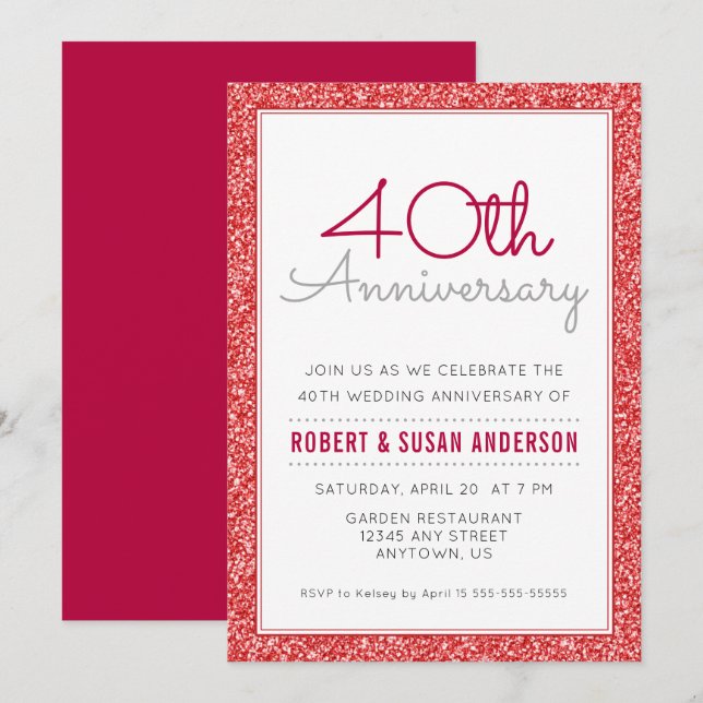Invitation 40e Anniversaire de Mariage Faux Paillettes Rouges (Devant / Derrière)