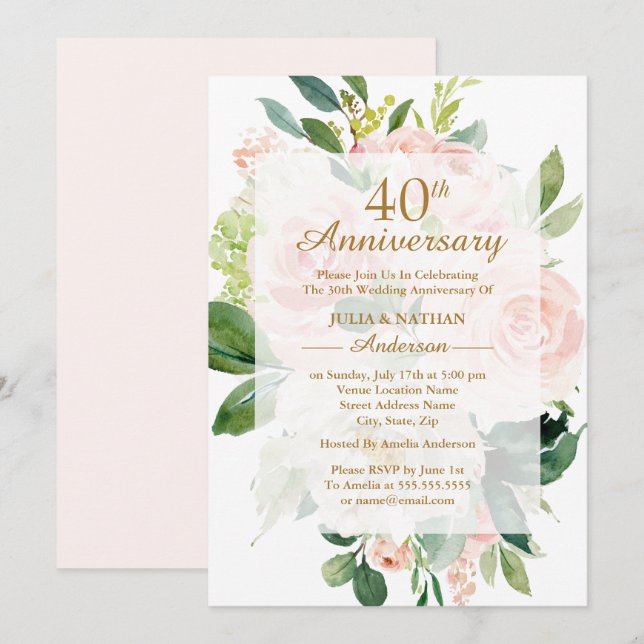 Invitation 40e anniversaire de mariage Fleurs de pêcher éléga (Devant / Derrière)