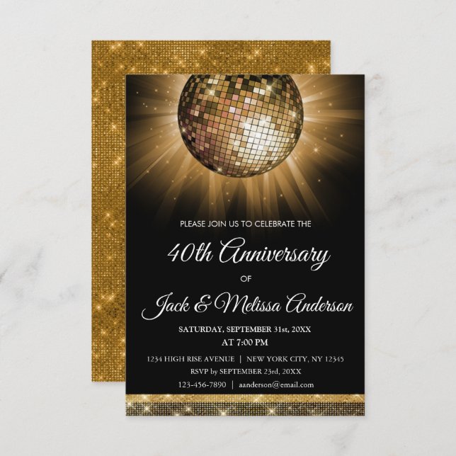Invitation 40e anniversaire de Mariage Gold Disco Ball (Devant / Derrière)