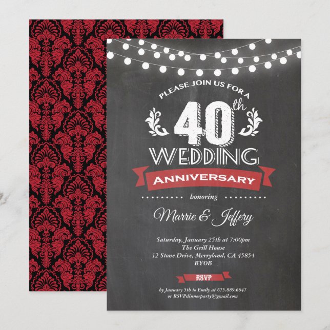 Invitation 40e anniversaire de mariage invitation. Rouge rubi (Devant / Derrière)