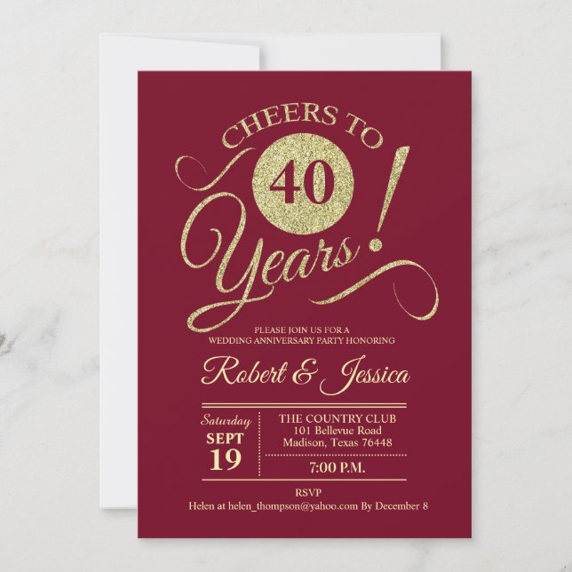 Invitation 40e anniversaire de mariage or rouge rubis (Devant)