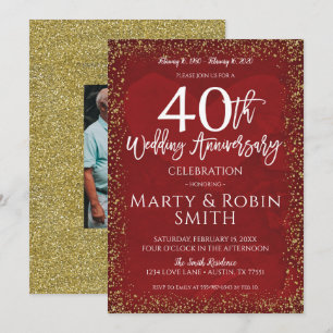 Invitation 40e anniversaire de mariage paillettes d'or rouge 