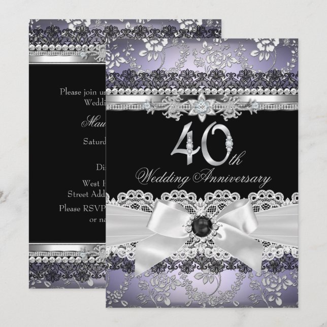 Invitation 40e anniversaire de mariage perle argent violet en (Devant / Derrière)