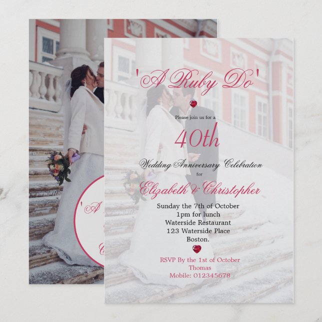Invitation 40e anniversaire de mariage photo élégant un rubis (Devant / Derrière)