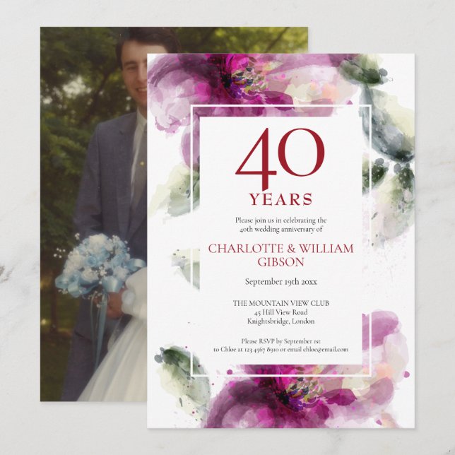 Invitation 40e anniversaire de mariage photo Lilies Floral  (Devant / Derrière)