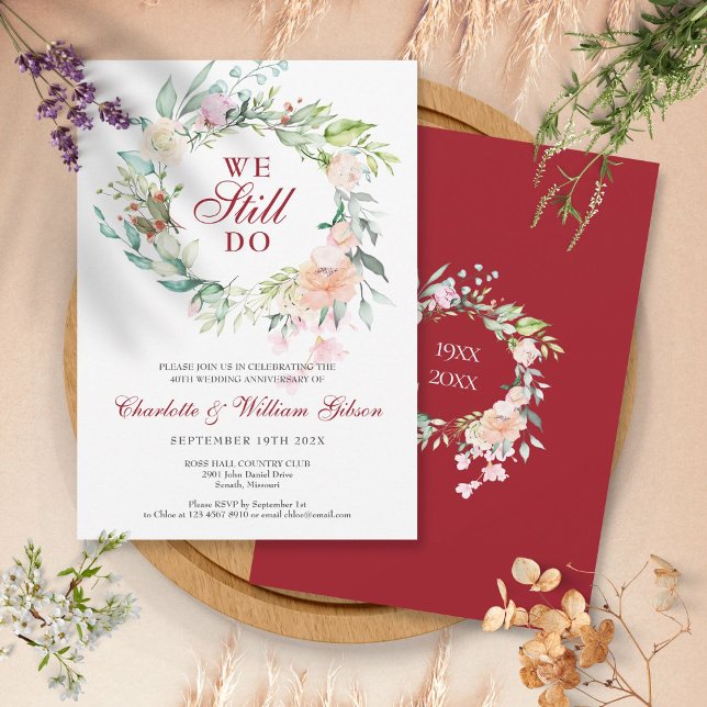 Invitation 40e anniversaire de mariage Renouvellement de voeu (40th Wedding Ruby Anniversary Vow Renewal Floral Invitation)