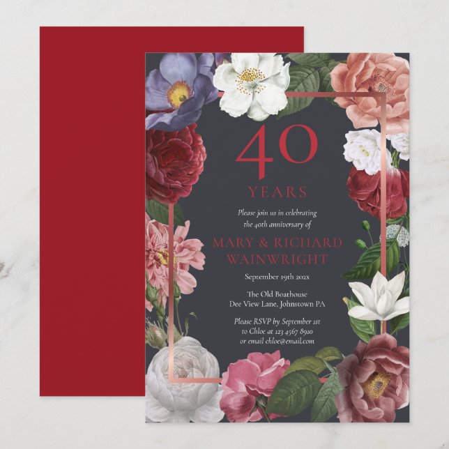 Invitation 40e Anniversaire de Mariage Rose Florale Chic Rubi (Devant / Derrière)