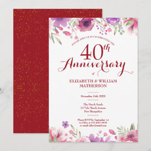 Invitation 40e anniversaire de mariage rubis aquarelle floral