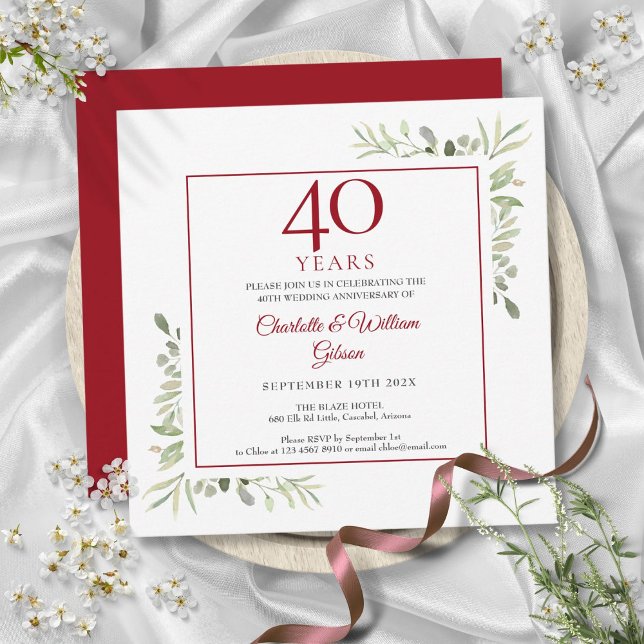 Invitation 40e anniversaire de mariage rubis aquarelle verdur (40th Ruby Wedding Anniversary Watercolor Greenery Invitation)