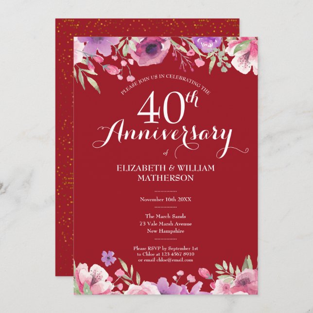 Invitation 40e anniversaire de mariage rubis chic floral camp (Devant / Derrière)