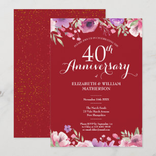 Invitation 40e anniversaire de mariage rubis Chic Floral Coun