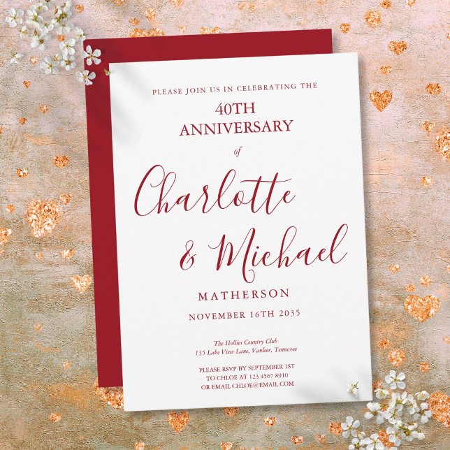Invitation 40e anniversaire de mariage Rubis Écriture élégant (40th Wedding Anniversary Ruby Elegant Script Invitation)