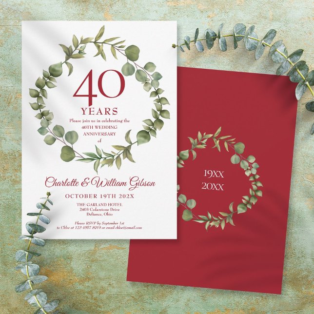 Invitation 40e anniversaire de mariage Rubis Élégant Guirland (40th Ruby Wedding Anniversary Elegant Garland Invitation)
