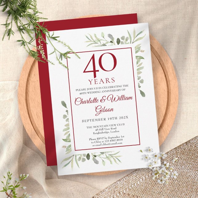 Invitation 40e anniversaire de mariage Rubis Élégante verdure (Créateur téléchargé)