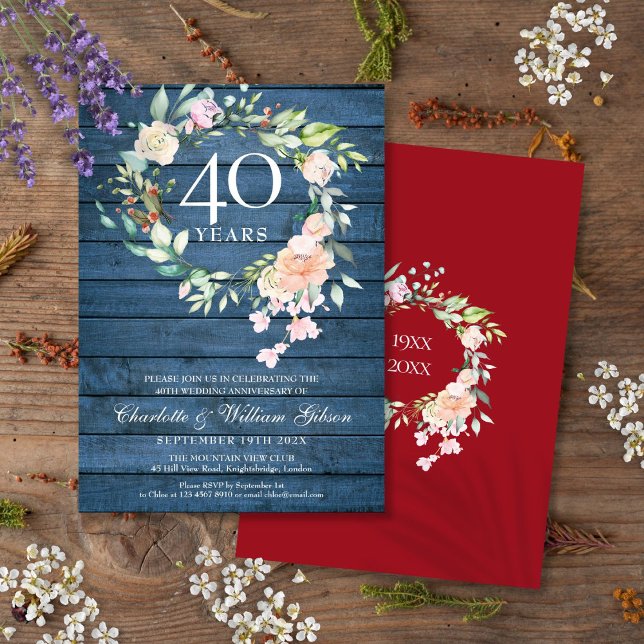 Invitation 40e anniversaire de mariage rubis floral rustique  (40th Ruby Wedding Anniversary Blue Rustic Floral Invitation)