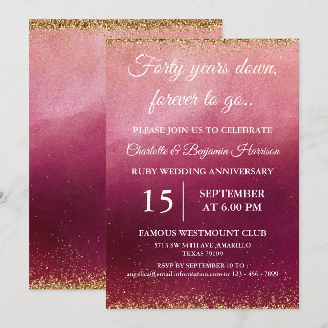 Invitation 40e anniversaire de mariage rubis pailleté or  (Devant / Derrière)