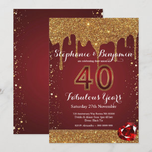 Invitation 40e Anniversaire de Mariage Rubis Paillettes Dorée
