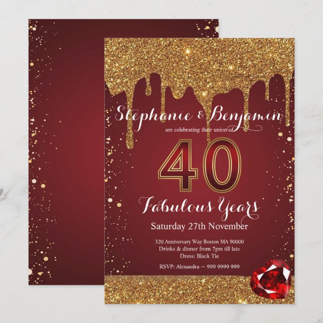 Invitation 40e Anniversaire de Mariage Rubis Paillettes qui C (Devant / Derrière)