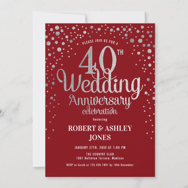 Invitation 40e anniversaire de mariage - Rubis Rouge & Argent (Devant)