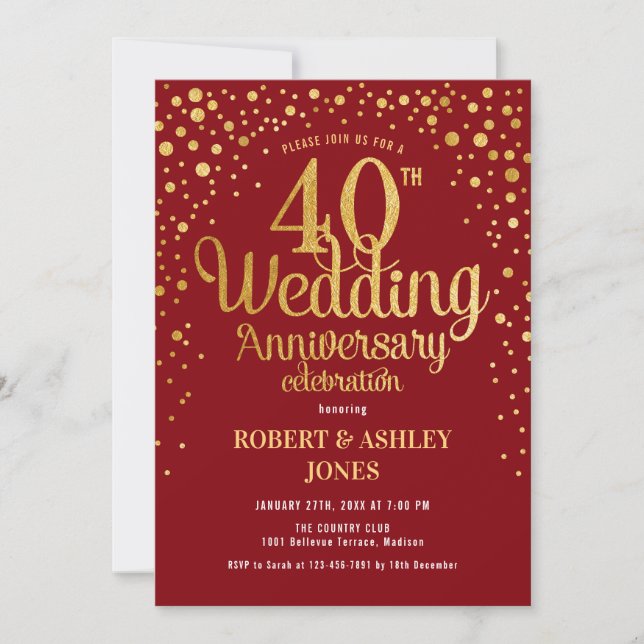 Invitation 40e anniversaire de mariage - Rubis Rouge & Or (Devant)