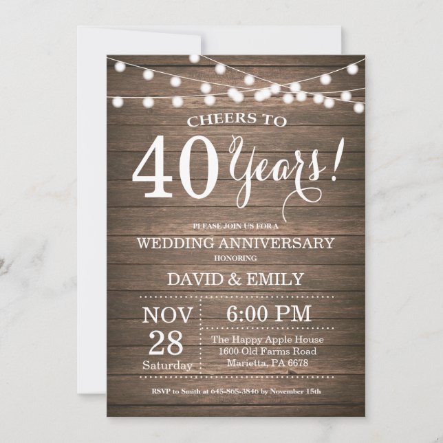 Invitation 40e anniversaire de mariage Rustique Bo (Devant)