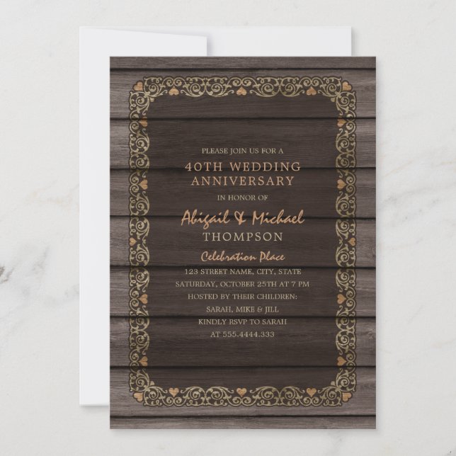 Invitation 40e anniversaire de mariage Rustique Bois Fête cha (Devant)
