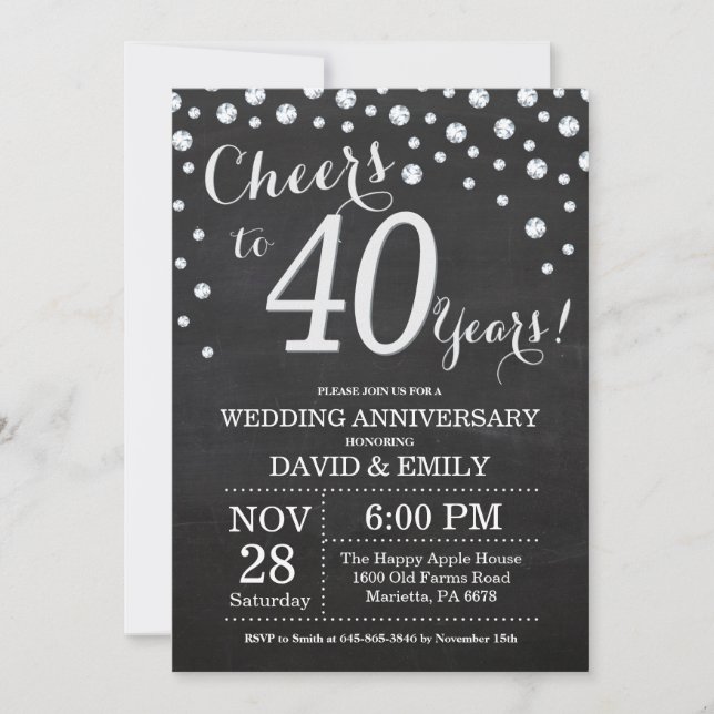 Invitation 40e Anniversaire de Mariage Tableau Noir Argent (Devant)