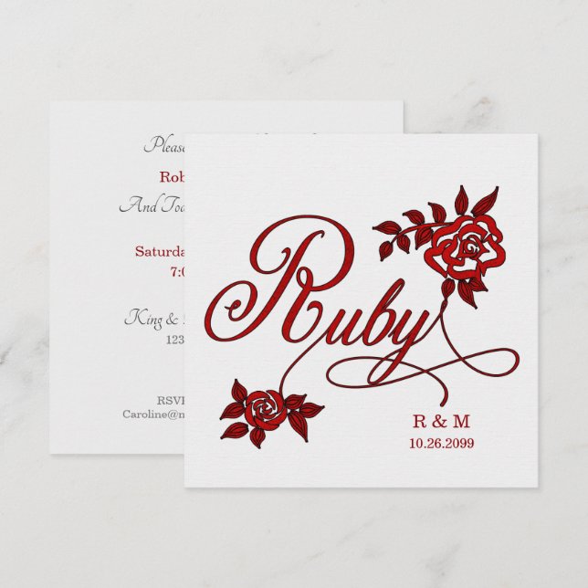 Invitation 40e anniversaire de rubis avec date et initiales (Devant / Derrière)