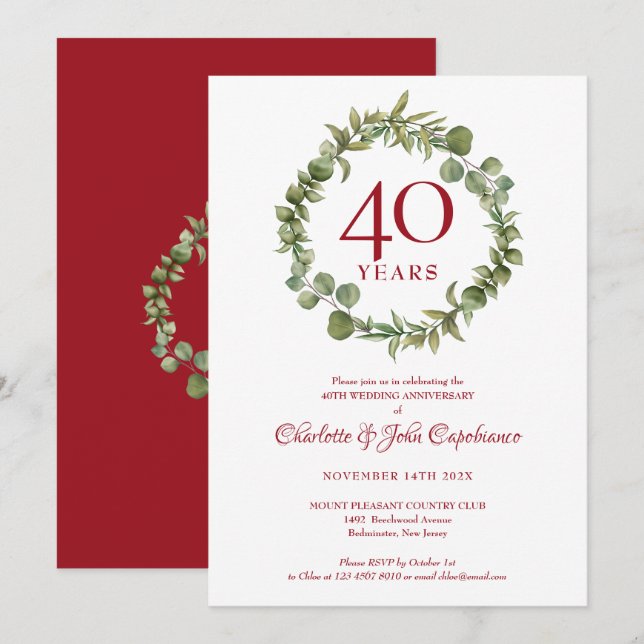 Invitation 40e anniversaire de Ruby Jardin vert boisé (Devant / Derrière)