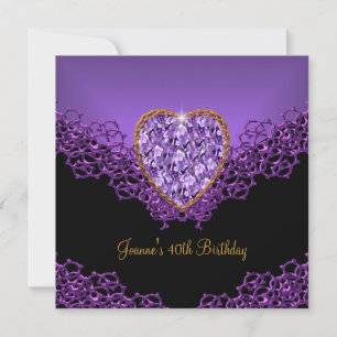 Invitation 40e Anniversaire Dentelle Noir Argent Violet Foncé