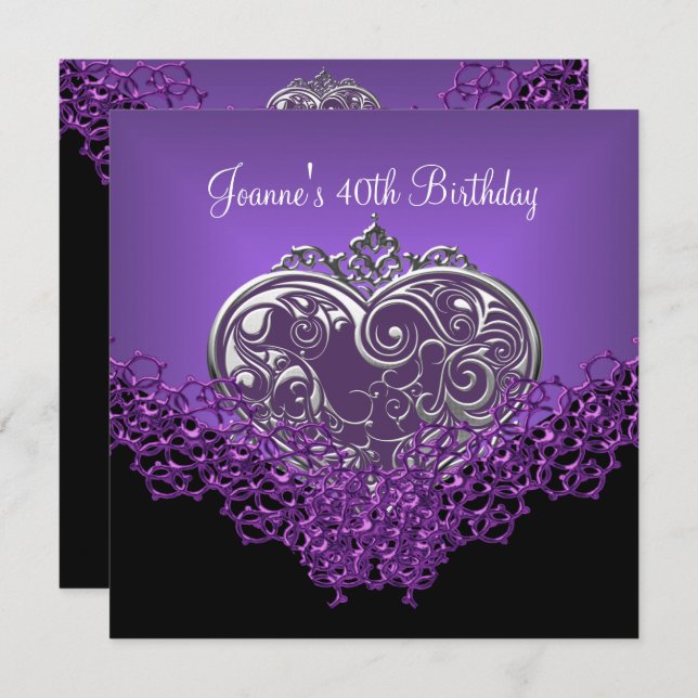 Invitation 40e Anniversaire Dentelle Noir Argent Violet Foncé (Devant / Derrière)