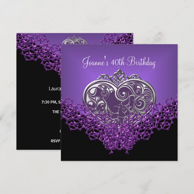 Invitation 40e Anniversaire dentelle Noire Argent Profond Coe (Devant / Derrière)