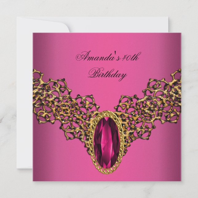 Invitation 40e Anniversaire dentelle rose or bijou sauvage (Devant)