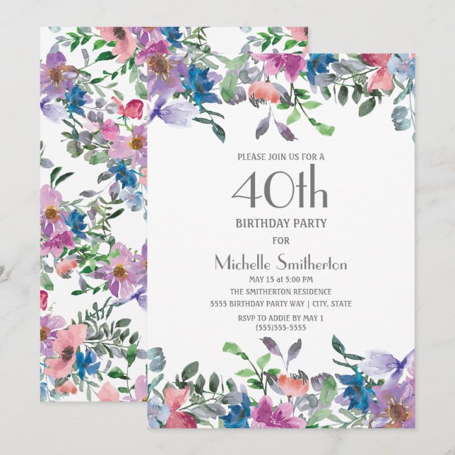 Invitation 40e anniversaire des femmes florales violettes ble (Devant / Derrière)
