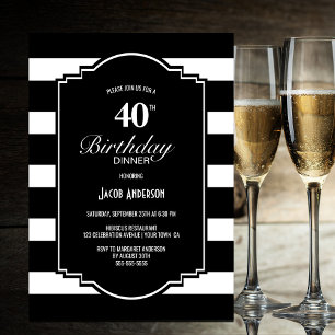 Invitation 40e anniversaire Dîner à rayures noir et blanc