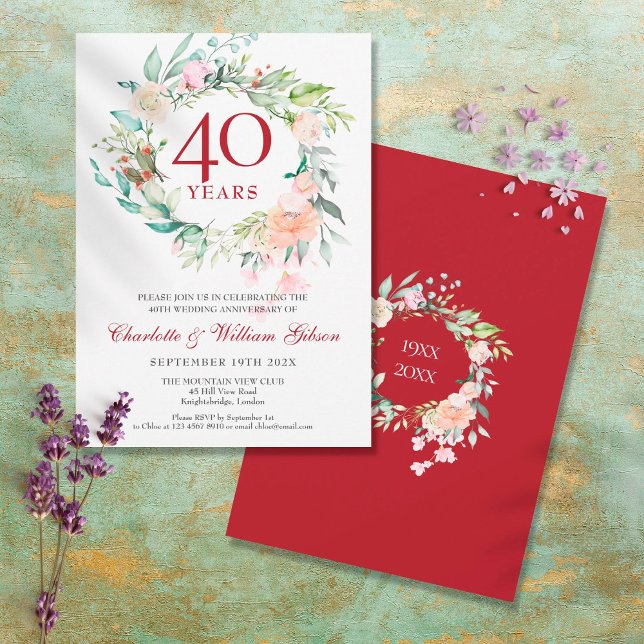 Invitation 40e anniversaire du Mariage Ruby aquarelle Floral (Créateur téléchargé)